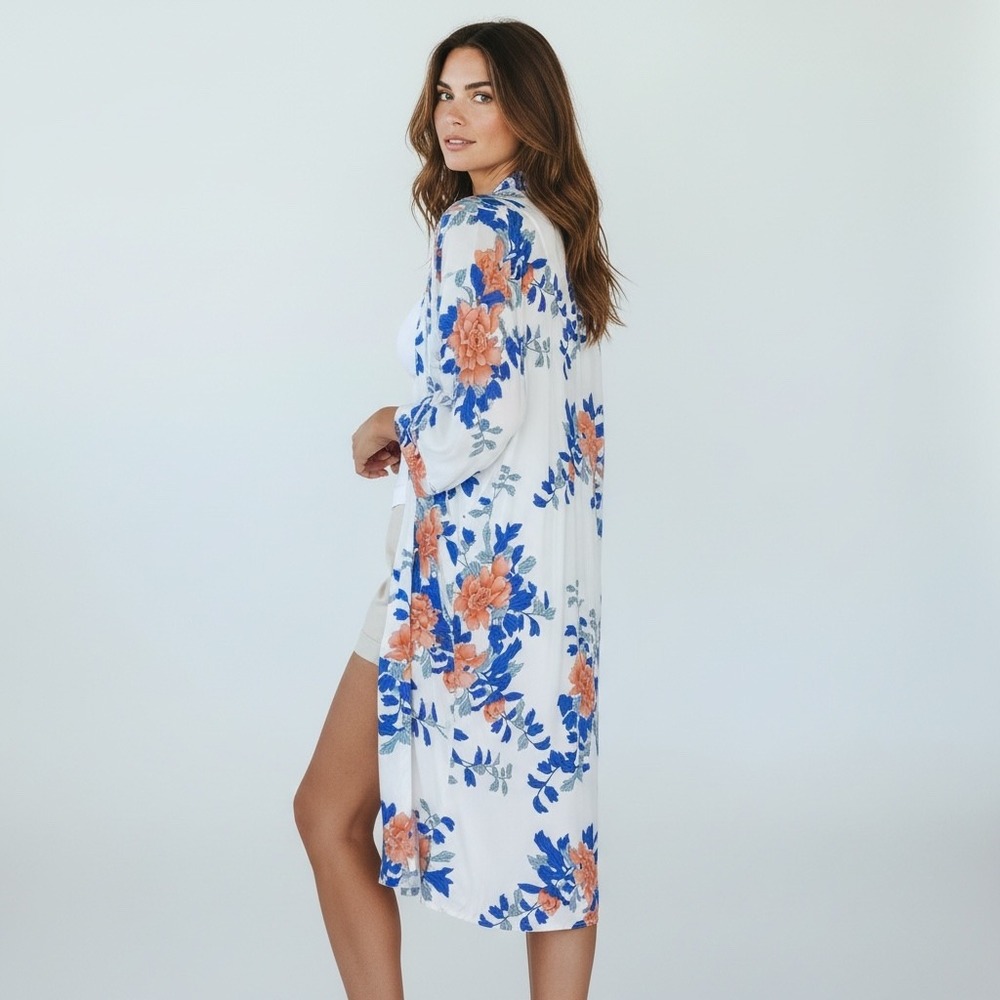 Umgee Blue Coral Floral Kimono Cover Up M Coastal Resortwear Boho
